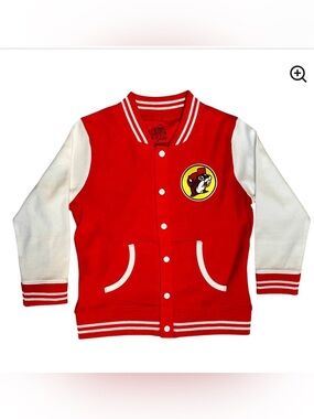 Buc-ee’s Kids Red White Varsity Jacket Beaver Patch Button Up